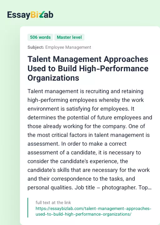 Talent Management Approaches Used to Build High-Performance Organizations - Essay Preview