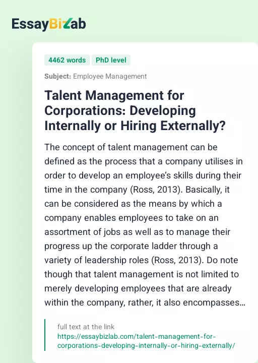 Talent Management for Corporations: Developing Internally or Hiring Externally? - Essay Preview