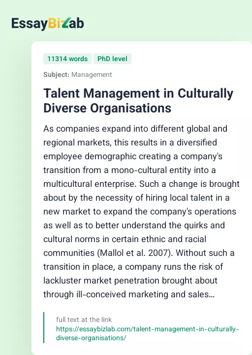 Talent Management in Culturally Diverse Organisations - Essay Preview