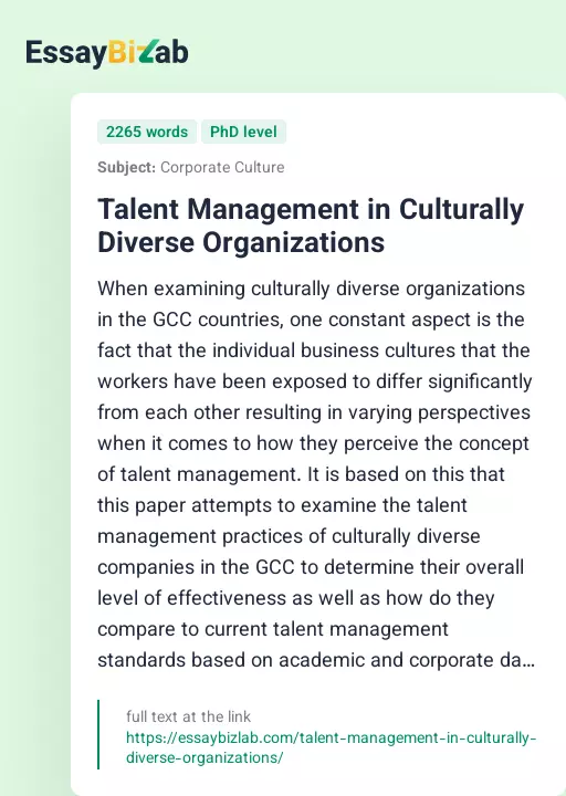 Talent Management in Culturally Diverse Organizations - Essay Preview