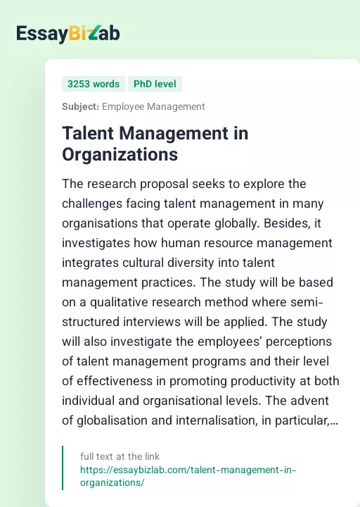 Talent Management in Organizations - Essay Preview