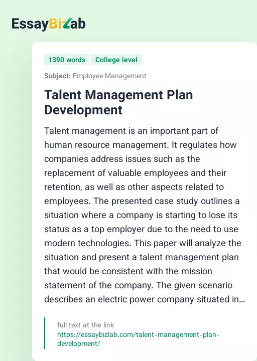 Talent Management Plan Development - Essay Preview