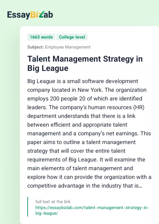 Talent Management Strategy in Big League - Essay Preview
