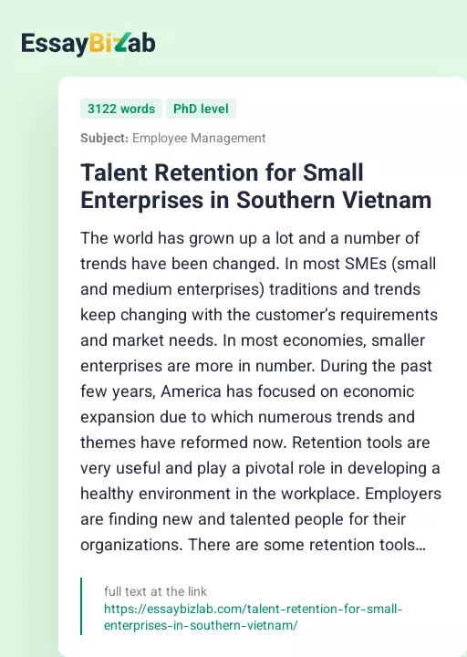 Talent Retention for Small Enterprises in Southern Vietnam - Essay Preview