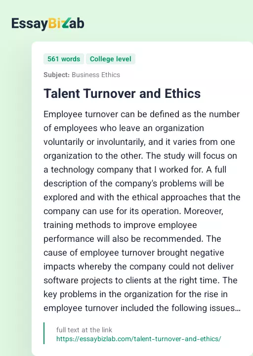 Talent Turnover and Ethics - Essay Preview
