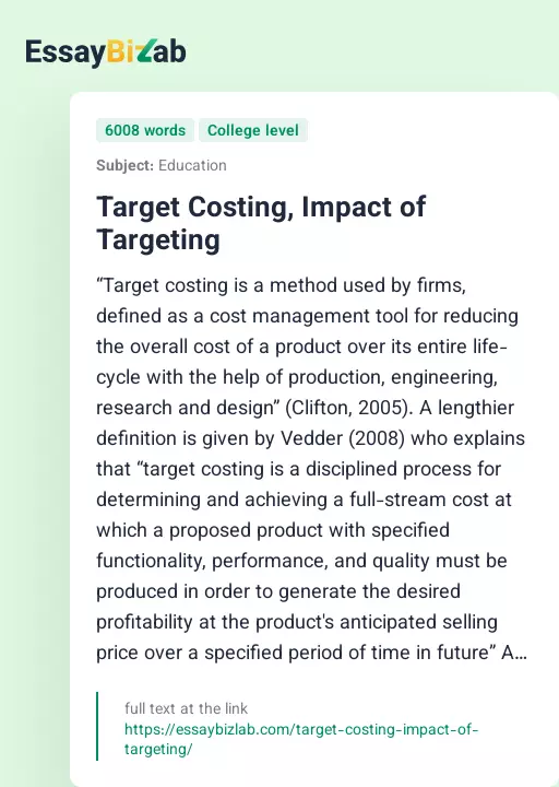 Target Costing, Impact of Targeting - Essay Preview