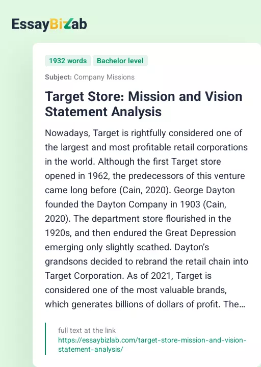 Target Store: Mission and Vision Statement Analysis - Essay Preview
