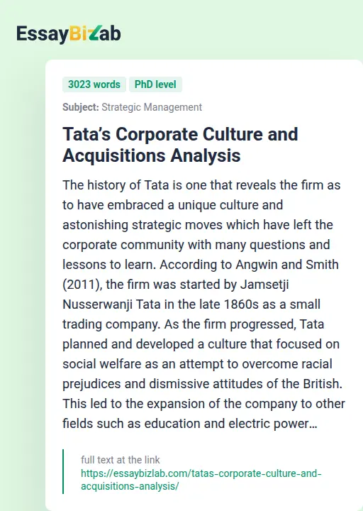 Tata’s Corporate Culture and Acquisitions Analysis - Essay Preview