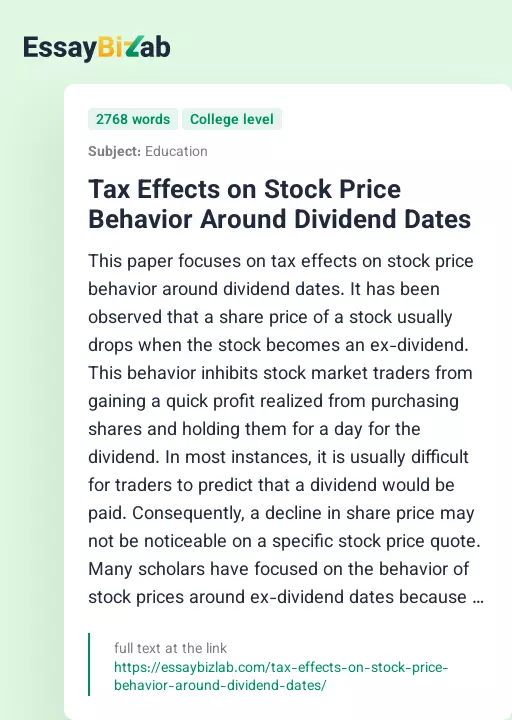 Tax Effects on Stock Price Behavior Around Dividend Dates - Essay Preview