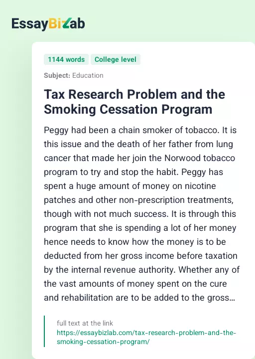 Tax Research Problem and the Smoking Cessation Program - Essay Preview