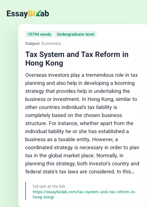 Tax System and Tax Reform in Hong Kong - Essay Preview