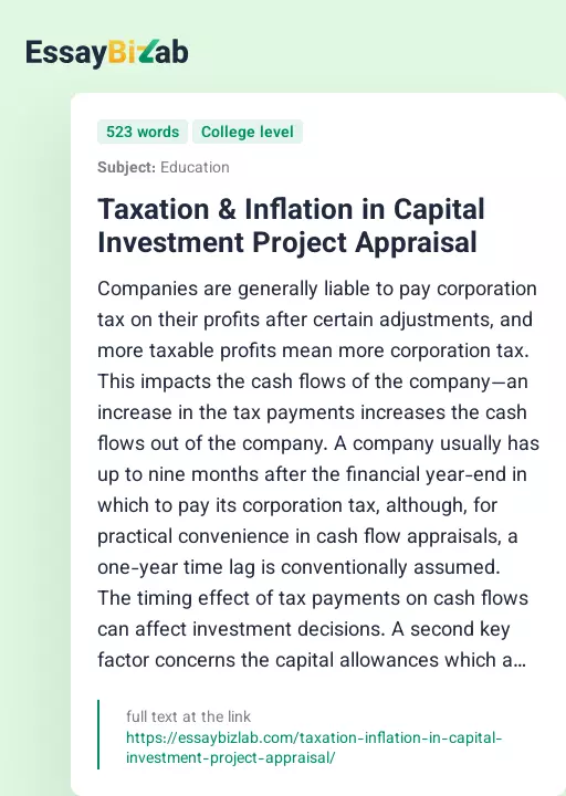 Taxation & Inflation in Capital Investment Project Appraisal - Essay Preview