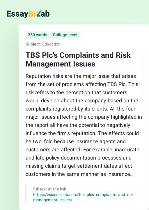 TBS Plc's Complaints and Risk Management Issues - Essay Preview