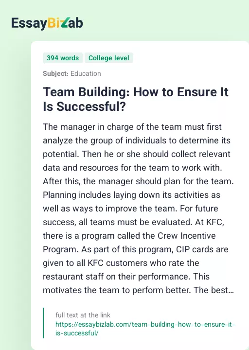 Team Building: How to Ensure It Is Successful? - Essay Preview