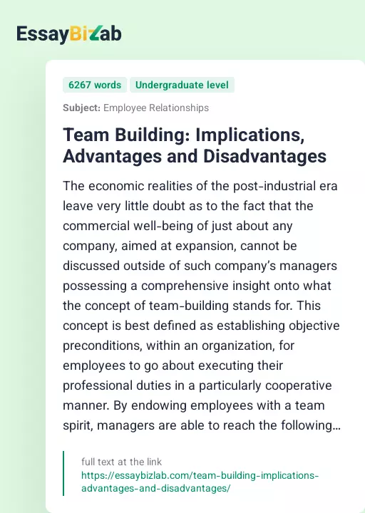 Team Building: Implications, Advantages and Disadvantages - Essay Preview