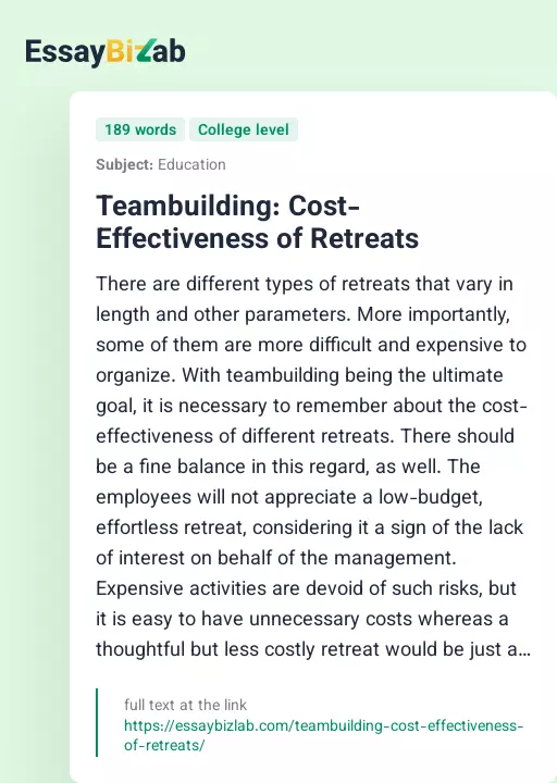 Teambuilding: Cost-Effectiveness of Retreats - Essay Preview