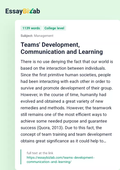 Teams' Development, Communication and Learning - Essay Preview