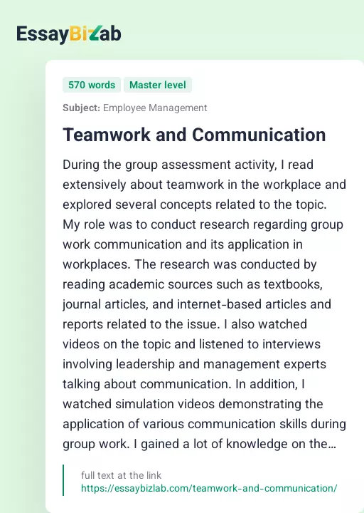 Teamwork and Communication - Essay Preview