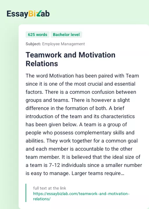 Teamwork and Motivation Relations - Essay Preview