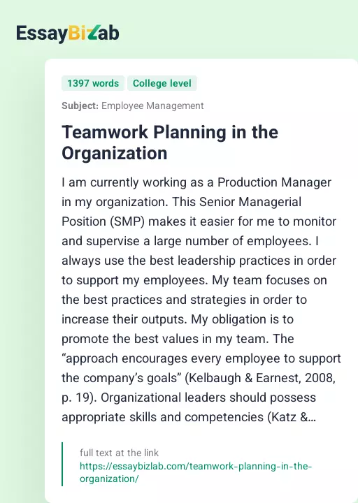Teamwork Planning in the Organization - Essay Preview