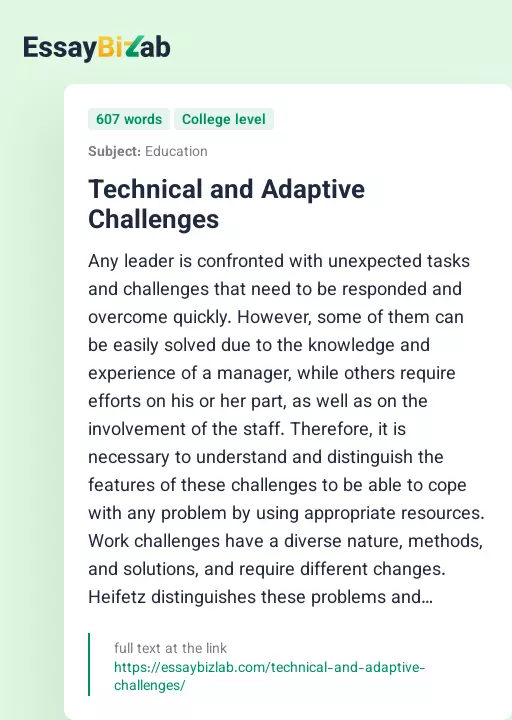 Technical and Adaptive Challenges - Essay Preview