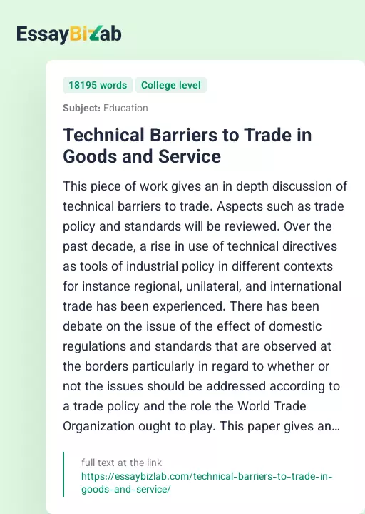Technical Barriers to Trade in Goods and Service - Essay Preview