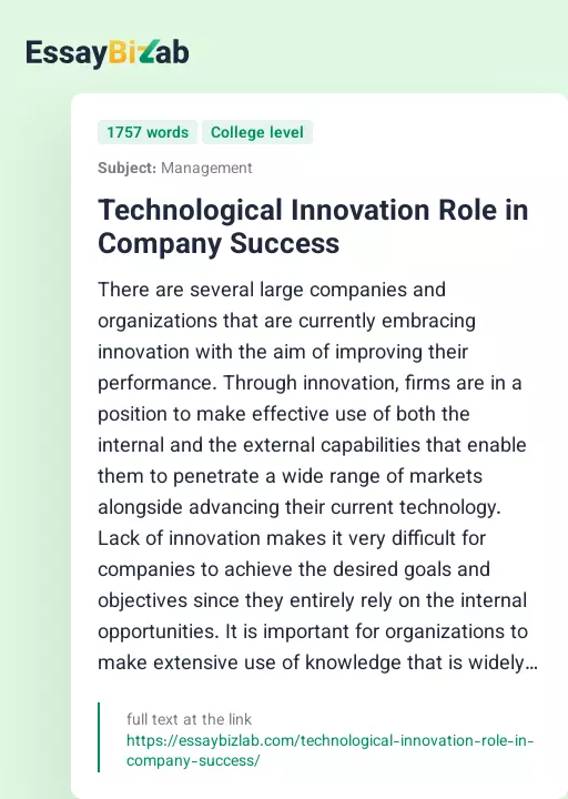 Technological Innovation Role in Company Success - Essay Preview