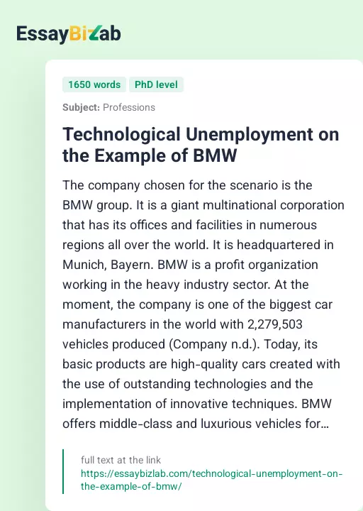 Technological Unemployment on the Example of BMW - Essay Preview