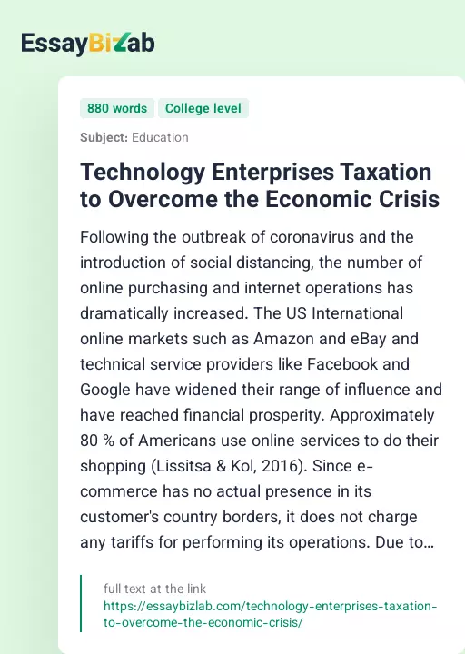 Technology Enterprises Taxation to Overcome the Economic Crisis - Essay Preview