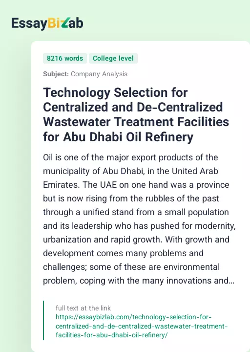 Technology Selection for Centralized and De-Centralized Wastewater Treatment Facilities for Abu Dhabi Oil Refinery - Essay Preview