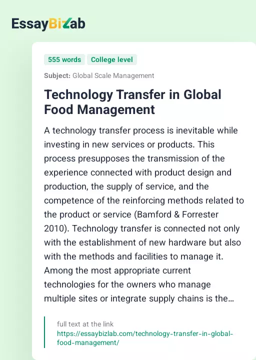 Technology Transfer in Global Food Management - Essay Preview