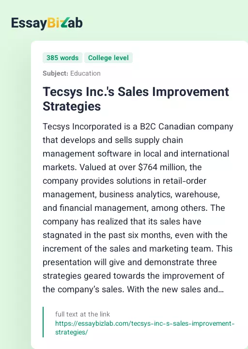 Tecsys Inc.'s Sales Improvement Strategies - Essay Preview