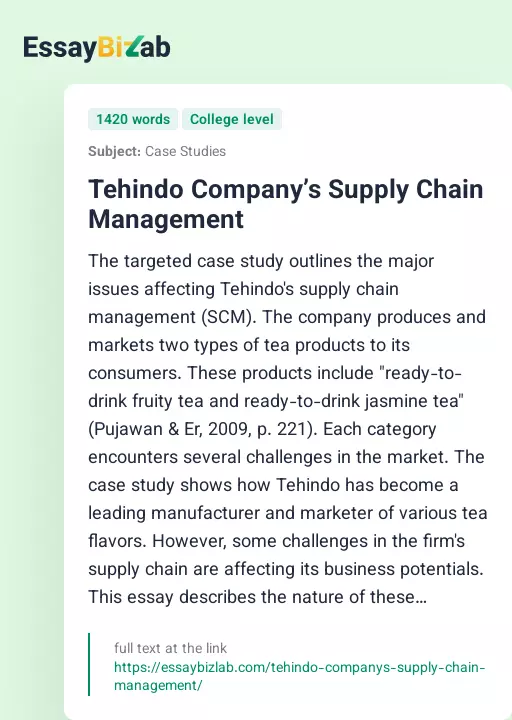 Tehindo Company’s Supply Chain Management - Essay Preview
