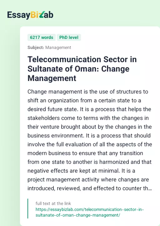 Telecommunication Sector in Sultanate of Oman: Change Management - Essay Preview