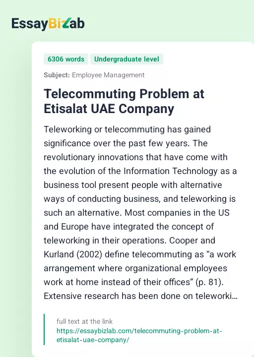 Telecommuting Problem at Etisalat UAE Company - Essay Preview
