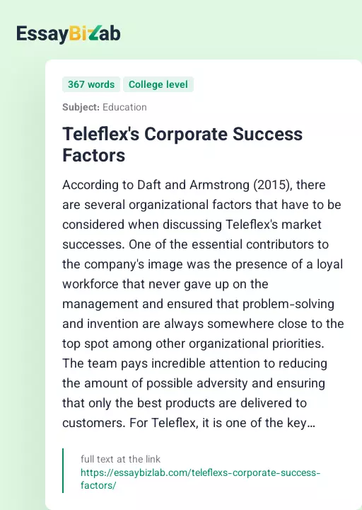 Teleflex's Corporate Success Factors - Essay Preview