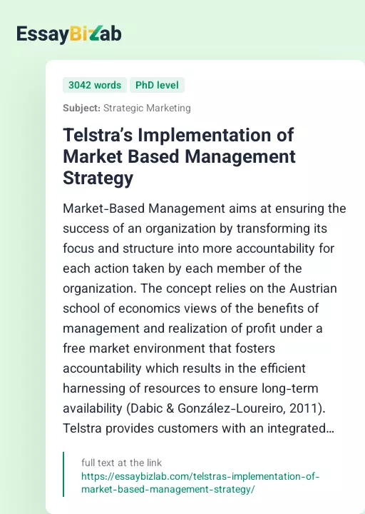 Telstra’s Implementation of Market Based Management Strategy - Essay Preview