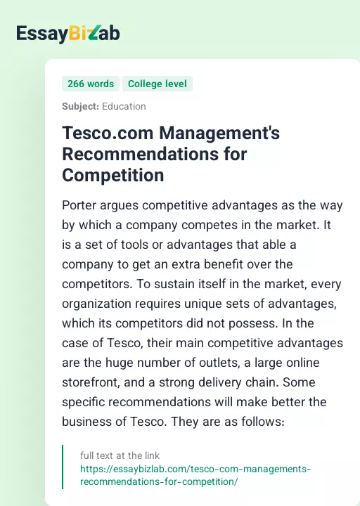 Tesco.com Management's Recommendations for Competition - Essay Preview