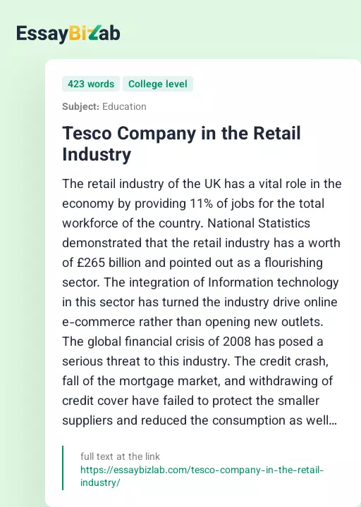 Tesco Company in the Retail Industry - Essay Preview