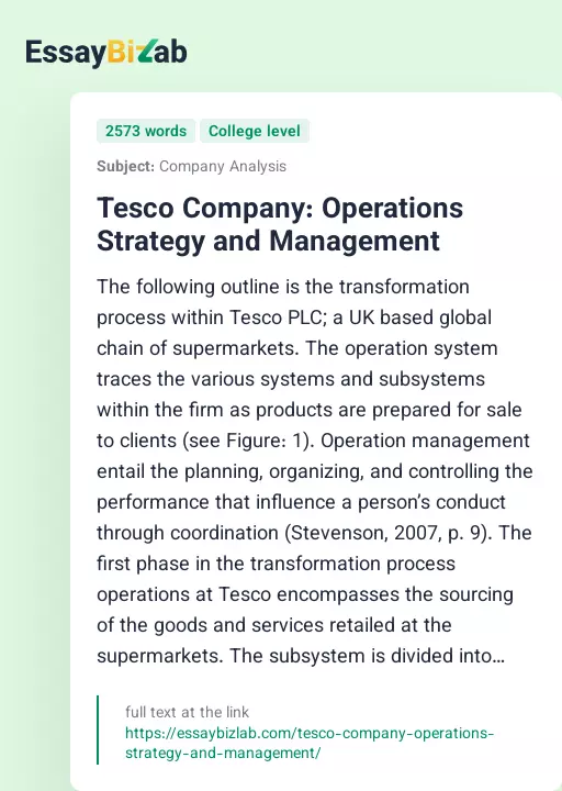 Tesco Company: Operations Strategy and Management - Essay Preview