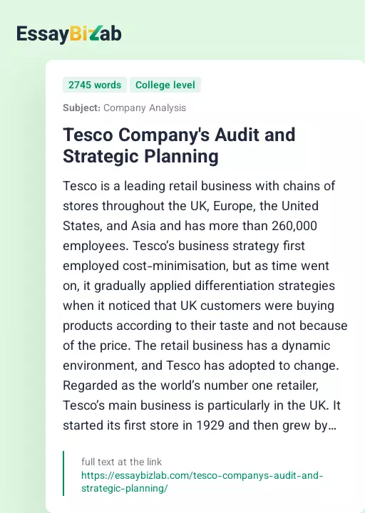 Tesco Company's Audit and Strategic Planning - Essay Preview