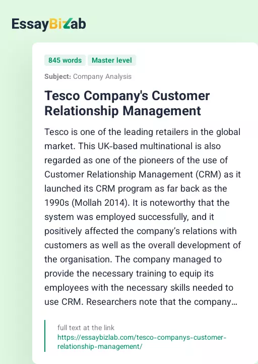 Tesco Company's Customer Relationship Management - Essay Preview