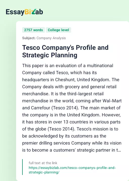 Tesco Company's Profile and Strategic Planning - Essay Preview