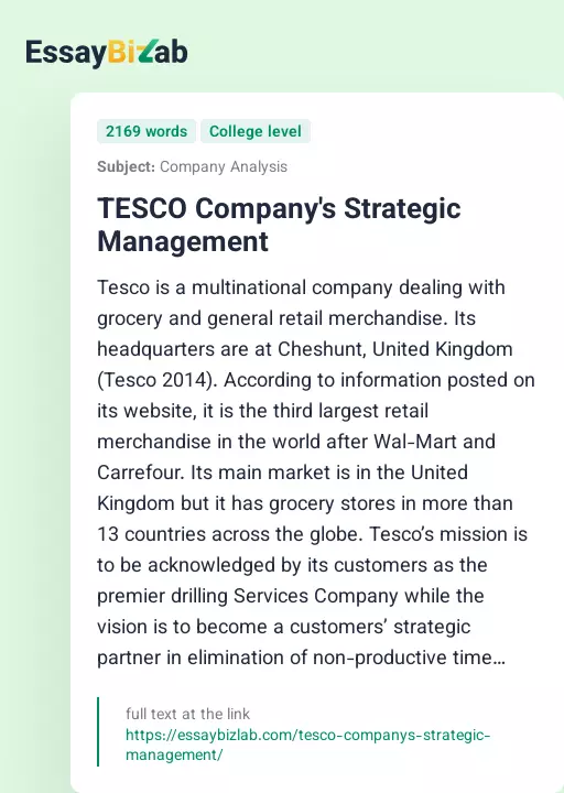 TESCO Company's Strategic Management - Essay Preview