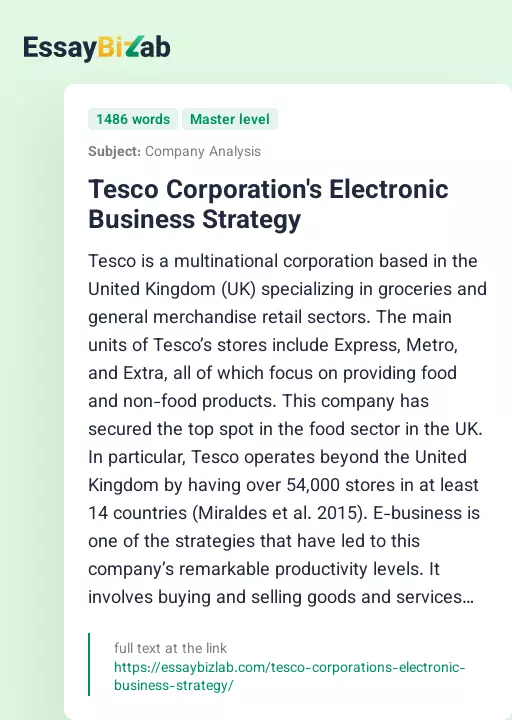 Tesco Corporation's Electronic Business Strategy - Essay Preview