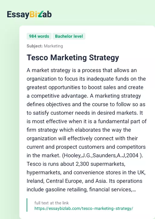 Tesco Marketing Strategy - Essay Preview