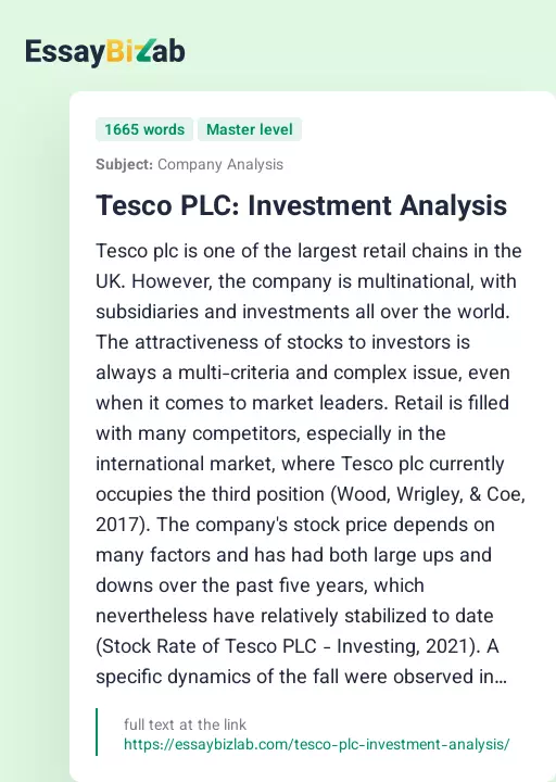 Tesco PLC: Investment Analysis - Essay Preview
