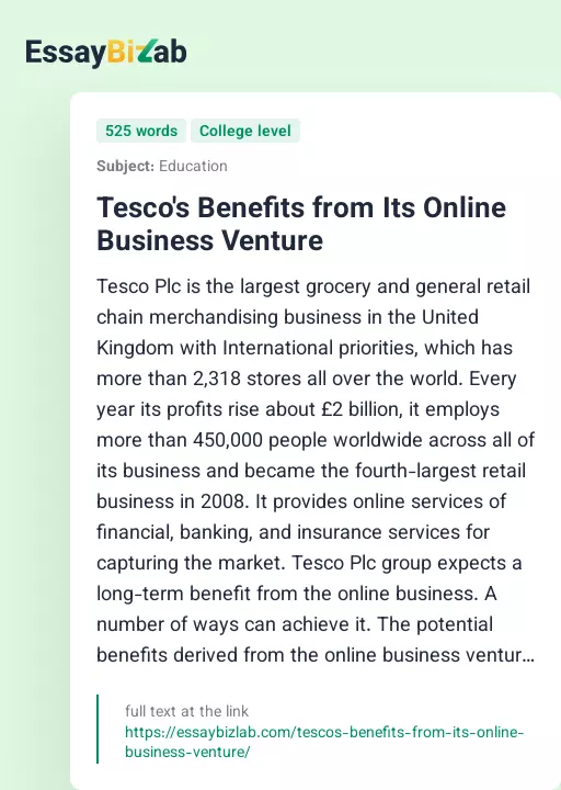 Tesco's Benefits from Its Online Business Venture - Essay Preview