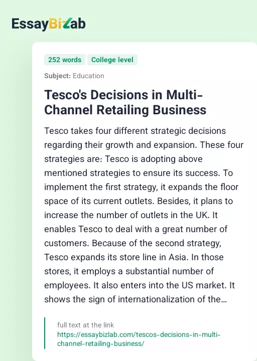 Tesco's Decisions in Multi-Channel Retailing Business - Essay Preview