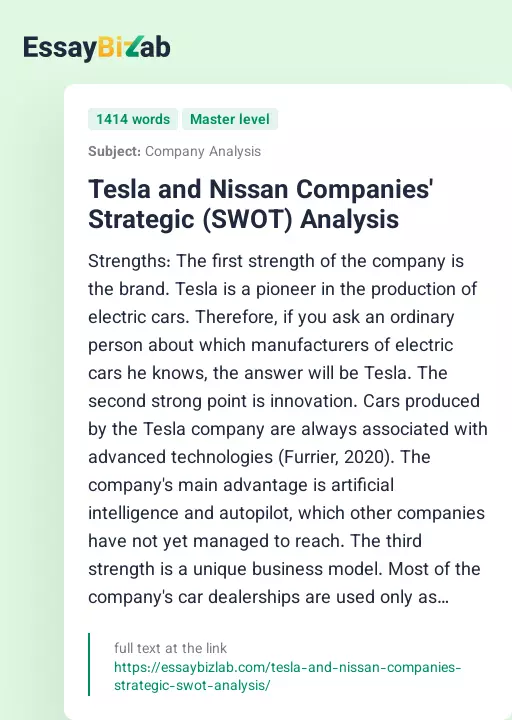 Tesla and Nissan Companies' Strategic (SWOT) Analysis - Essay Preview